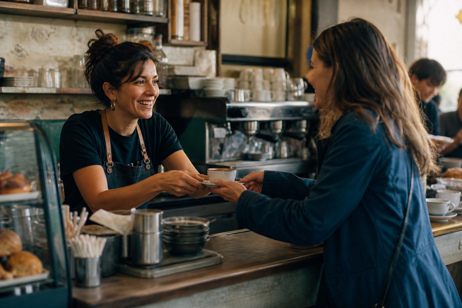 Camarera saludando a una clienta habitual mientras le entrega un café