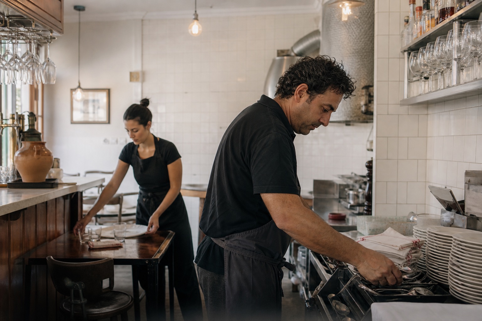 Dos profesionales preparando un pequeño restaurante antes del servicio
