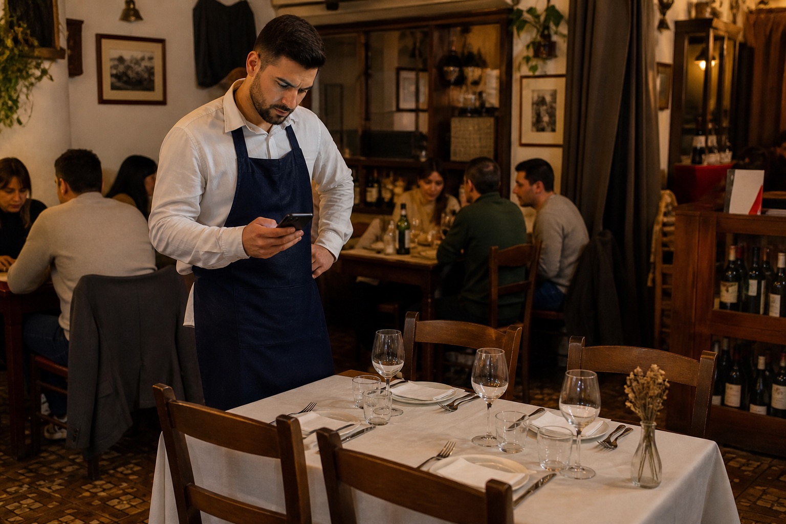 Camarero comprobando una reserva junto a una mesa que sigue vacía