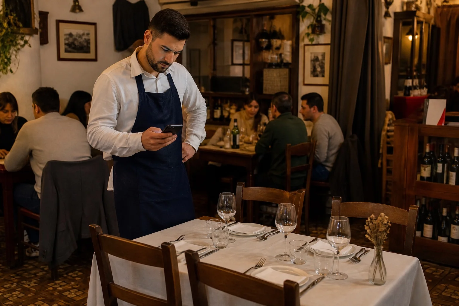 Camarero comprobando una reserva junto a una mesa que sigue vacía